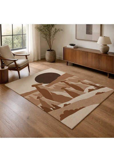 Kartela Halı Kapadokya Peri Bacası Desenli Halı Bakır Kaymaz Taban Makinede Yıkanabilir 100x150 Cm