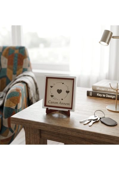 Sevgi Temalı Modern Aksesuar, Canım Annem Yazılı Ve Kalp Figürlü 10x10 Cm Minyatür Hediyelik Tasarım