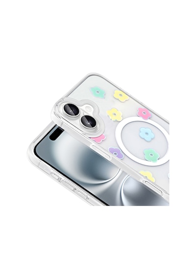 Techaks Apple Uyumlu iPhone 16 Plus Kılıf M-safe Şarj Özellikli Şeffaf Zore Folk Sert Kapak - Sevimli Köpek Beyaz