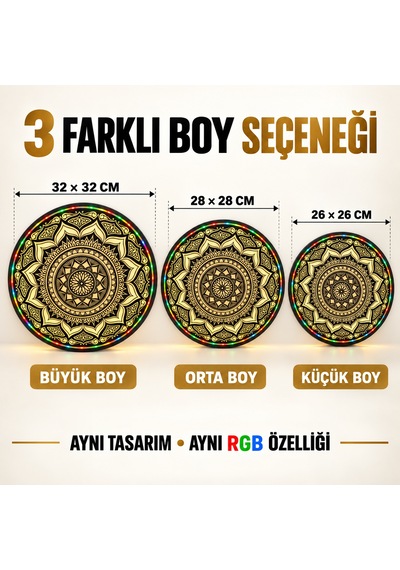 3d Baskı Rgb Led Li Mandala Duvar Dekoru Işıklı Dekoratif Pano Siyah