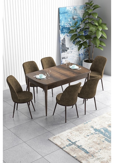 Canisa Han Serisi, Barok Ahşap Desen 70x114, Açılabilir Mdf Mutfak Masa Takımı, 6 Kahve Sandalye Masa Barok Sandalyeler Kahverengi