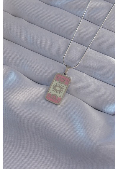 316l Çelik Gümüş Renk Pembe Mineli Ay Figür Tarot Kolye - Özel Seri Bzsurn009120