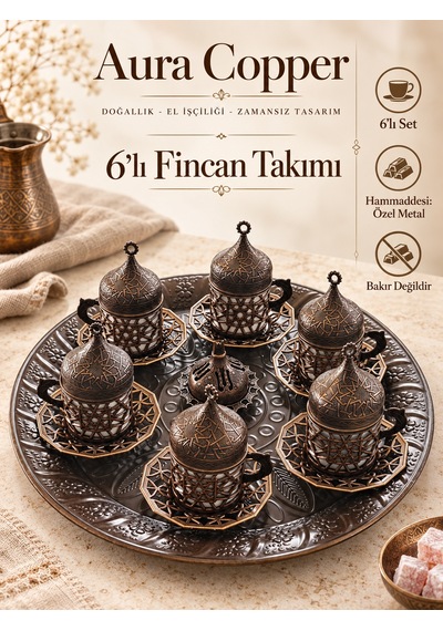 Osmanlı Motifli Türk Kahvesi Fincan Takımı Kapaklı Tepsili Özel Metal Sunum Seti Ac-ft-001/6'lı Eskitme Renk