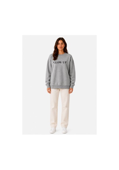 Herkesemoda Glow Up Baskı Detaylı Şardonlu 2 İplik Bisiklet Yaka Sweatshirt Gri