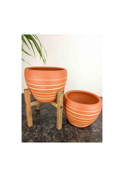 Bitki Tasarımı Doğal Beyaz Yan Çizgi Desen Terrakota Toprak Saksı İkili Set 4 Ayaklı-ayaksız 15 Cm