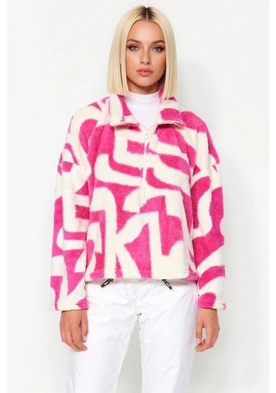 Benerly Kadın Dik Yaka Düşük Kol Fermuarlı Baskılı Örme Sweatshirt Fonksi Fuşya