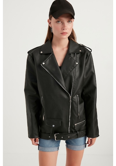 Meecy Kadın Oversize Biker Deri Ceket Siyah Siyah