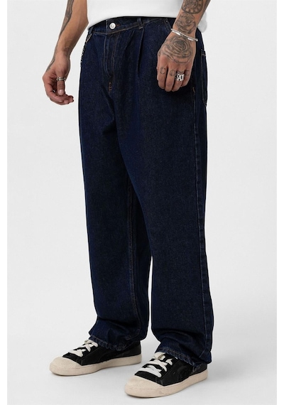 Vamos Pileli Zincir Detaylı Baggy Jean Koyu Mavi