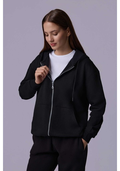 Defys Defy S Kadın Oversize Kapüşonlu Fermuarlı Cepli Sweatshirt Siyah - 527346818 Siyah