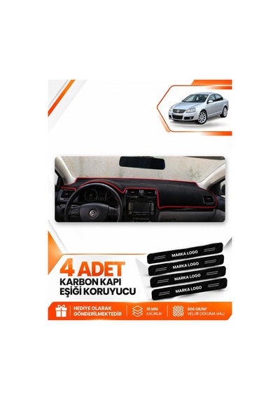 Volkswagen Jetta 2007-2011 Uyumlu Ön Torpido Koruma Kılıfı Halısı Örtüsü - Siyah Kırmızı