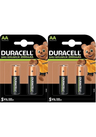 Duracell HR6/DX1500 2500 mAh AA Şarj Edilebilir Kalem Pil 2 x 2'li + CEF-14 Şarj Cihazı