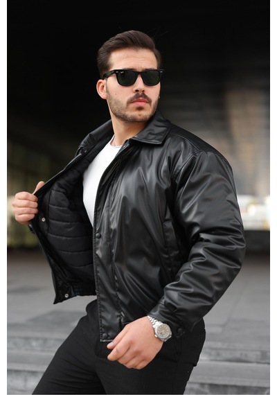 Unisex Oversize Deri Dolgulu Ceket/mont Siyah Deri Kapitone