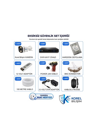 Korel Bilişim 4 Kameralı 6 Ledli 5 Mp Sony Lensli Gece Renkli Güvenlik Kamerası Seti 250 Gb Hdd