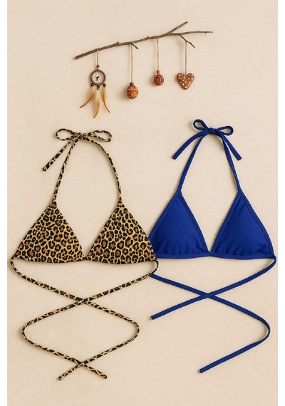Kadın Leopar Desenli Ve Mavi Minimal Kesim Üçgen Bikini Üstü Çok Renkli