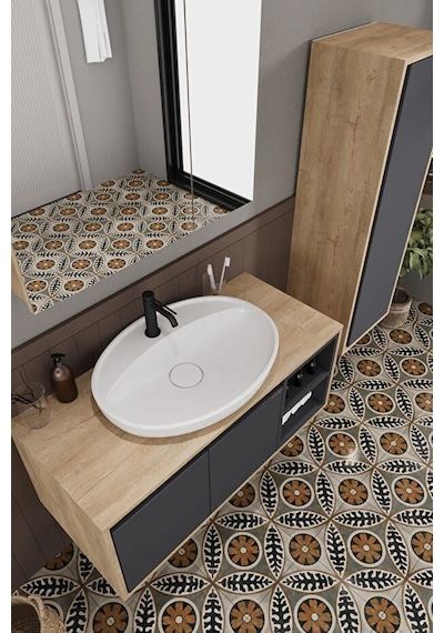Gül 100 Cm %100 Mdf Lavabolu Banyo Dolabı Ayna Alt Dolap Lavabo Boy Dolabı Antrasit