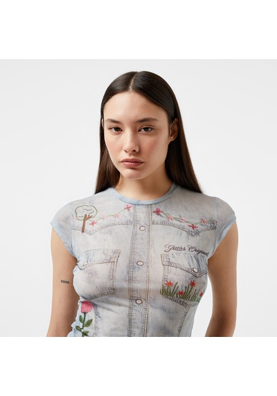 Guess Go Printed Denim Mes Slınky Mesh Kadın Multicolor Topw4yp20kbbf0 Mor