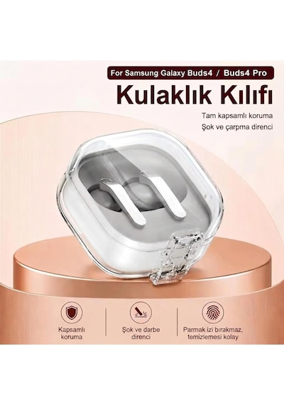 Samsung Galaxy Buds 4 / Buds 4 Pro Uyumlu Şeffaf Premium Kulaklık Kılıfı Güvenlik Kilidi Mekanizmalı, Darbe Emici Tpu Malzeme Şeffaf Siyah