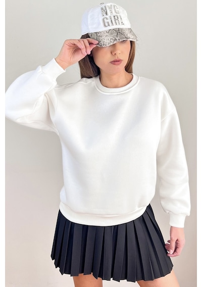 Kadın Cozy İçi Polarlı Ekru Basic Bisiklet Yaka Pamuklu Kalın Örme Sweatshirt Ekru