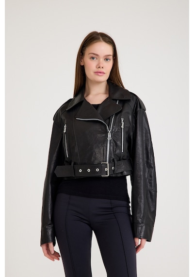 Fit Biker Kısa Bayan Deri Ceket Vb-17-bk-2426-23219 Siyah