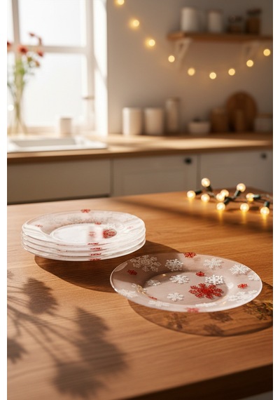 Crystal - 6'lı Cam Pasta Tabağı Kahvaltı Tabağı Seti Cam Tabak Yılbaşı Seti 19 cm