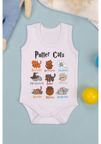 Bebetospik %100 Pamuklu Potter Cats Baskılı Yumuşak Doku Baskılı Zıbın & Body Beyaz