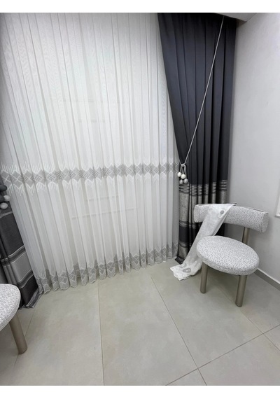 Nivemeshome Elin 2573 V-105 Gümüş Detay 1/3 Pileli Tül Perde Apm Ekru
