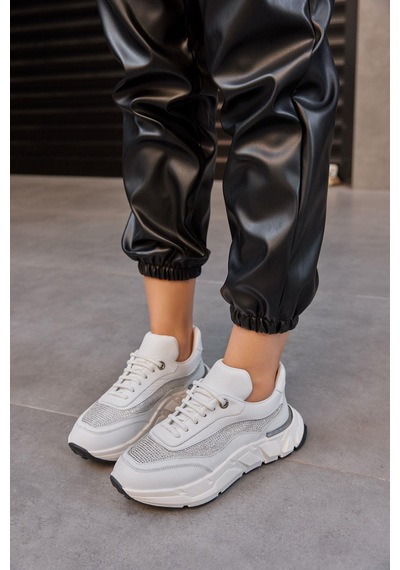 Hilary Beyaz Hakiki Deri Taşlı Kadın Sneaker-Beyaz