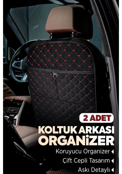 Tay Tüyü Kapitone Oto Koltuk Arkası Koruyucu Organizer - Araç İçi Organizeri Siyah-kırmızı 2 Adet