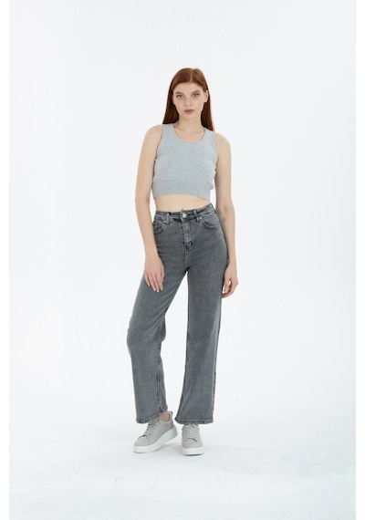 90's Kar Yıkama Kar Gri Likralı Süper Yüksek Bel Wide Leg Salaş Jeans Palazzo Pantolon Gri