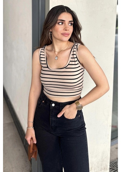 WeShaya Bej Çizgili, Dar Kesim, Yuvarlak Yaka, Terletmez, Crop Bluz & Atlet Bej