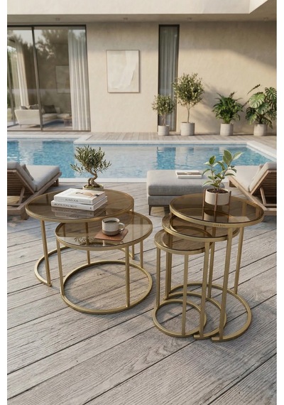 Milas Orta Ve Zigon Sehpa Seti Ø60-47 Mat Gold Metal, Temperli Bronz Cam Eskitme Bronz Milas Orta Ve Zigon Sehpa Seti Ø60-47 Mat Gold Metal, Temperli Bronz Cam Eskitme Bronz