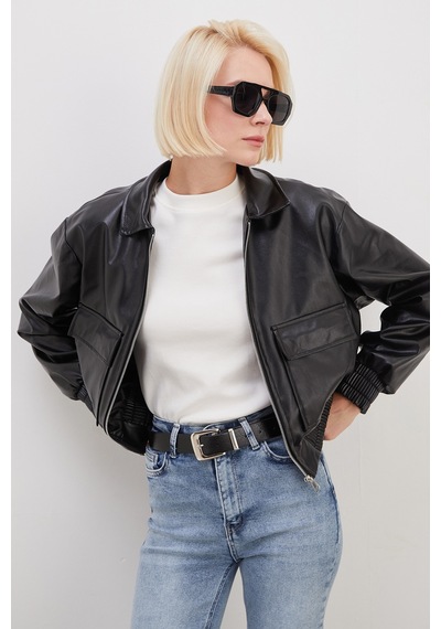 Fullamoda Çift Cepli Polo Yaka Suni Deri Bomber Ceket Siyah