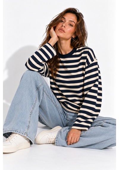 Wild Bee Kadın Lacivert Ekru Çizgili Pamuklu Bisiklet Yaka Oversize Bluz