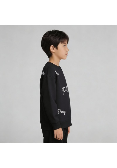 King-Brich Bisiklet Yaka Nakışlı Oversize Kalıp Çocuk Sweatshirt SIYAH