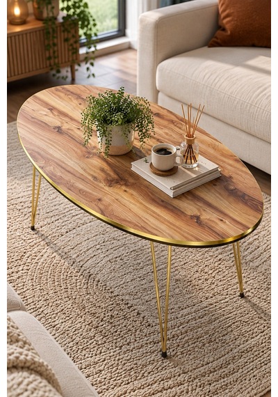 Sulorahome Orta Sehpa Elips Formunda Ceviz Desenli Gold Metal Ayaklı