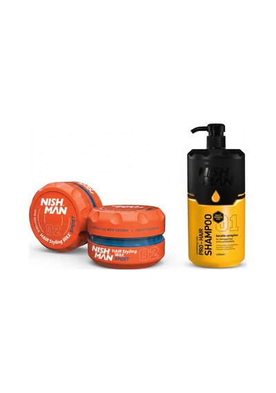 02 Saç Şekillendirici Ultra Sert Parlak Wax 150 Ml X 5 Adet/ + 1250 Ml Tuzsuz Şampuan Hediye
