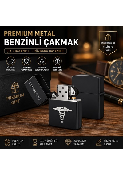 İsime Kişiye Özel Sağlık Temalı Doktor & Sağlıkçılara Hediye Metal Benzinli Çakmak Dolu Gönderim Siyah