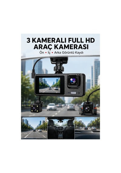 3 Kanallı Araç Dvr Ön + İç + Arka Kamera İle Tam Kapsama Yüksek Güvenlik - Stepco9664-7