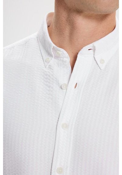 AC&Co / Altınyıldız Classics Erkek Beyaz Pamuklu Slim Fit Dar Kesim Düğmeli Yaka Gofre Desenli Gömlek Beyaz