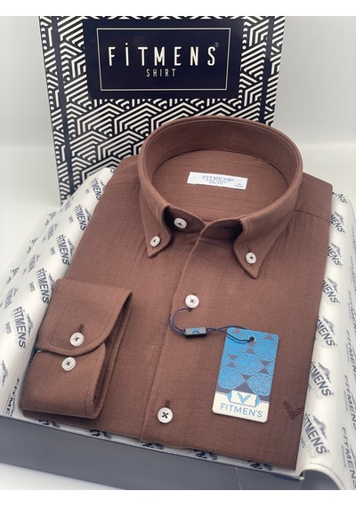 Slim Fit Uzun Kol Müslin Pamuk Rahat Nefes Alabilen Kumaştan Yaka Düğmeli Hediye Kutulu Erkek Gömlek Fs-004202 - Kahverengi-2866