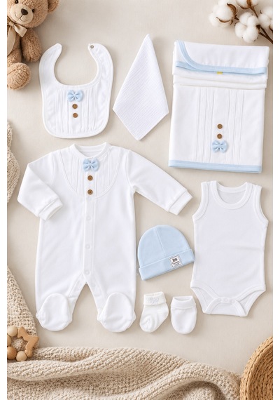 Babyhola Organik %100 Pamuk Kız Erkek Bebek Yenidoğan Tulum Zıbın Battaniye 8'li Set 0-3 Ay Hediyeli Mavi