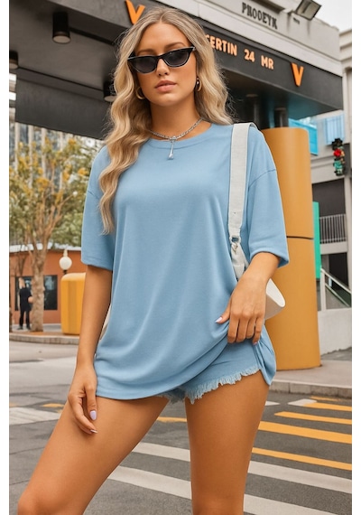 Düz Oversize Unisex Tişört Ycb3 Bebe Mavisi