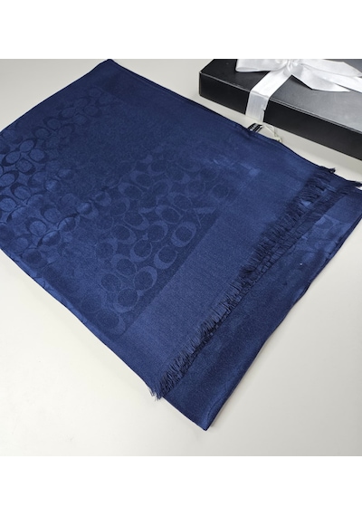 Miorel Scarfs C Desen Çift Taraflı Kaşmir İpek Şal 4 Mevsim Pamuk Şal Lacivert