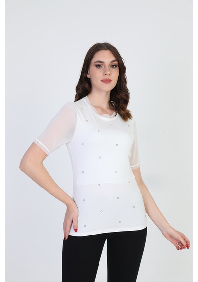 Ella Camelia Kadın Taş Detaylı Bluz 19E056 Ekru