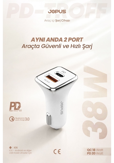 Jopus USB ve Type-C Girişli 38W Hızlı Araç Çakmaklık Şarj Aleti Başlığı Universal JO-A7