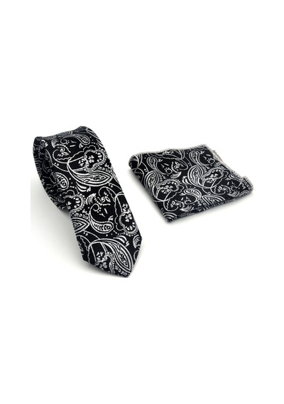Gaffy Gri Şal Desenli Siyah Dokuma Kumaş Mendilli Slim Fit Kravat // Sdk-2607-1 Siyah