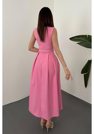 Duygudan Pembe Halter Yaka Kloş Elbise - Pembe Çok Renkli