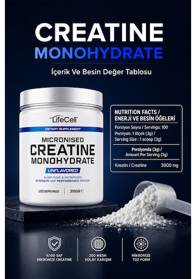 Creatıne Monohydrate 300 G 200 Mesh Mikronize Aromasız Kreatin 3000 Mg