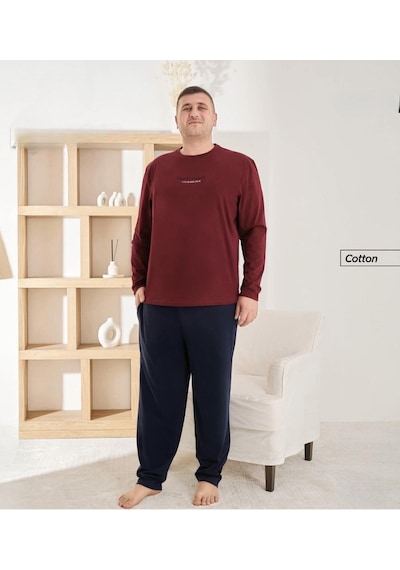 Pijamoni Erkek Battal Bisiklet Yaka Penye Uzun Kol Pijama Takımı 6700/8 - 1 Adet Bordo