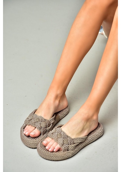 Fox Shoes S596022704 Vizon Halat İpli Hasır Terlik Vizon